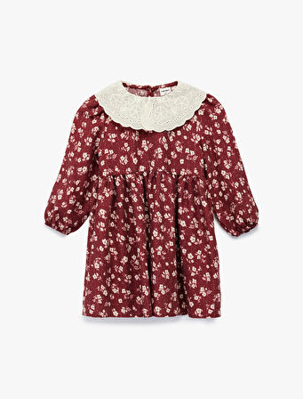 Uzun Kollu Bebe Yaka Çiçekli Viskon Elbise