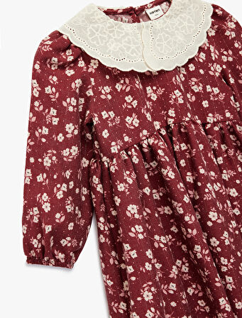 Uzun Kollu Bebe Yaka Çiçekli Viskon Elbise