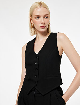 Slim Fit V Yaka Düğmeli Blazer Yelek