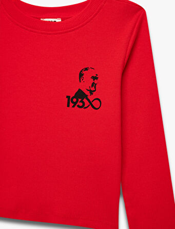 Bisiklet Yaka Uzun Kollu Pamuklu Atatürk Baskılı Tişört