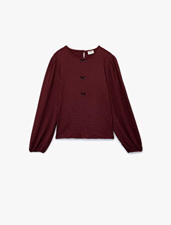 Dokulu Fiyonk Detaylı Bisiklet Yaka Uzun Kollu Bluz