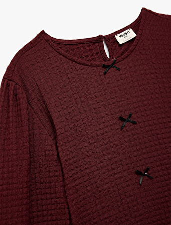 Dokulu Fiyonk Detaylı Bisiklet Yaka Uzun Kollu Bluz