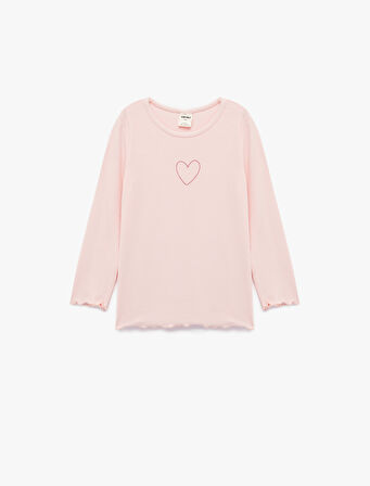 Pamuklu Uzun Kollu Kaşkorse Kalp İşlemeli Bisiklet Yaka Tişört