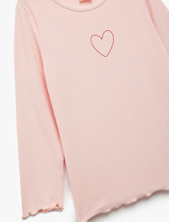 Pamuklu Uzun Kollu Kaşkorse Kalp İşlemeli Bisiklet Yaka Tişört