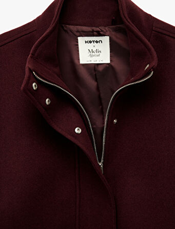 Koton X Melis Ağazat - Uzun Kollu Cepli Fermuarlı Dik Yaka Kaşe Mont