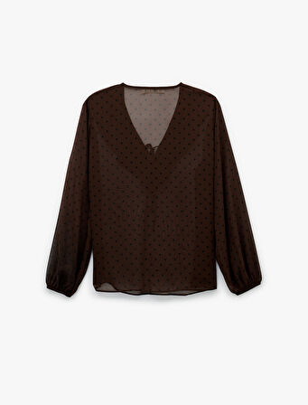 Uzun Kollu Fırfırlı Yaka Volanlı Puantiyeli Bluz