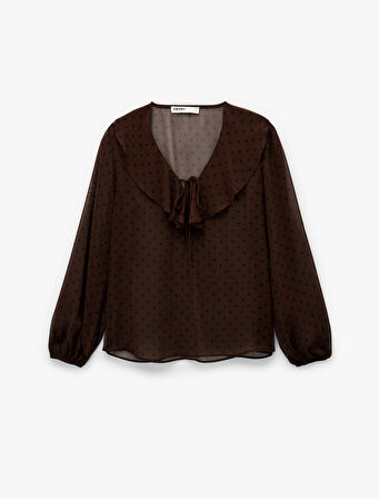 Uzun Kollu Fırfırlı Yaka Volanlı Puantiyeli Bluz