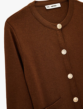 Uzun Kollu Cepli Düğmeli Bisiklet Yaka Triko Hırka