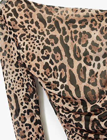 Leopar Desenli Uzun Kollu Tek Omuz Tül Tişört