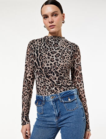Uzun Kollu Yarı Transparan Drapeli Dik Yaka Leopar Desenli Tül Bluz