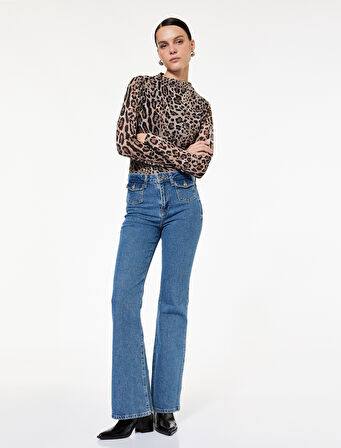 Uzun Kollu Yarı Transparan Drapeli Dik Yaka Leopar Desenli Tül Bluz