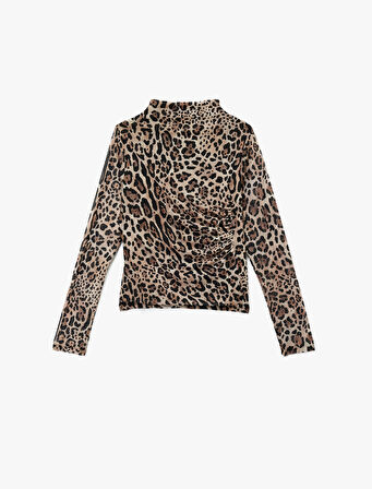 Uzun Kollu Yarı Transparan Drapeli Dik Yaka Leopar Desenli Tül Bluz