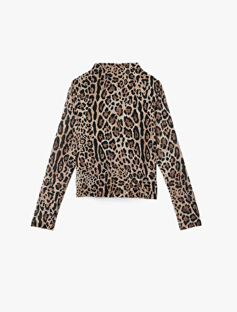 Uzun Kollu Yarı Transparan Drapeli Dik Yaka Leopar Desenli Tül Bluz