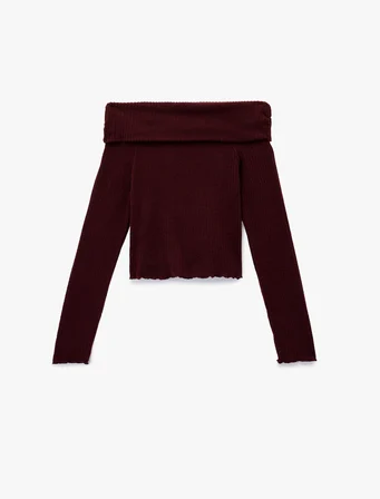 Viskon Karışımlı Kaşkorse Omzu Açık Slim Fit Uzun Kollu Tişört