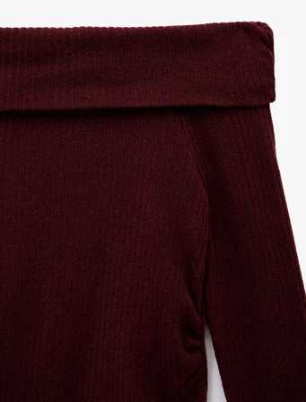 Viskon Karışımlı Kaşkorse Omzu Açık Slim Fit Uzun Kollu Tişört