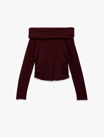 Viskon Karışımlı Kaşkorse Omzu Açık Slim Fit Uzun Kollu Tişört