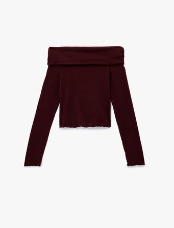 Viskon Karışımlı Kaşkorse Omzu Açık Slim Fit Uzun Kollu Tişört
