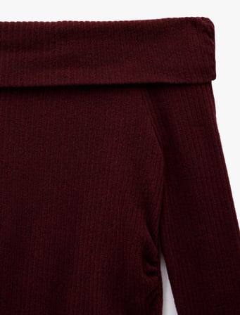 Viskon Karışımlı Kaşkorse Omzu Açık Slim Fit Uzun Kollu Tişört