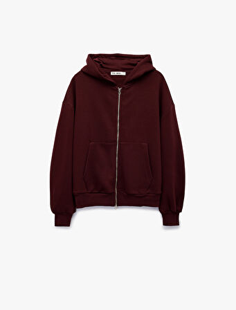 Şardonlu Kapşonlu Uzun Kollu Fermuarlı Sweatshirt