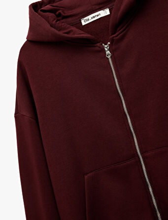 Şardonlu Kapşonlu Uzun Kollu Fermuarlı Sweatshirt