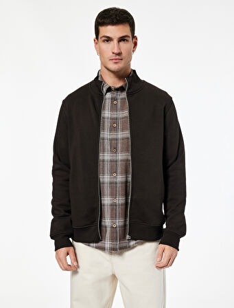 Şardonlu Uzun Kollu Cep Detaylı Basic Fermuarlı Hırka