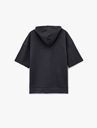 Kısa Kollu Kapşonlu Pamuklu Oversize Spor Sweatshirt