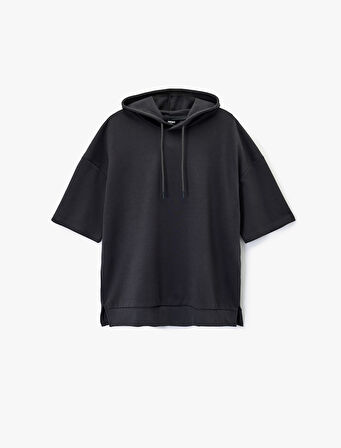 Kısa Kollu Kapşonlu Pamuklu Oversize Spor Sweatshirt