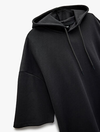 Kısa Kollu Kapşonlu Pamuklu Oversize Spor Sweatshirt
