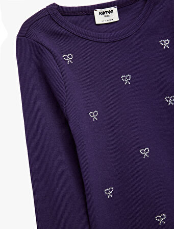 Fiyonk Taş Detaylı Uzun Kollu Bisiklet Yaka Pamuklu Tişört