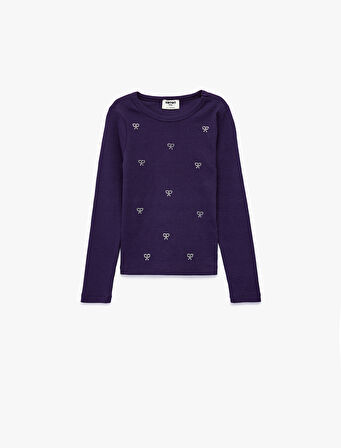 Fiyonk Taş Detaylı Uzun Kollu Bisiklet Yaka Pamuklu Tişört