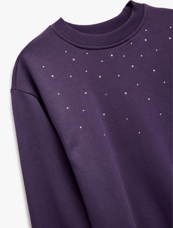 Taş Detaylı Uzun Kollu Bisiklet Yaka Şardonlu Pamuklu Sweatshirt