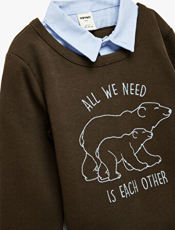 Uzun Kollu Gömlek Yaka Baskılı Sweatshirt