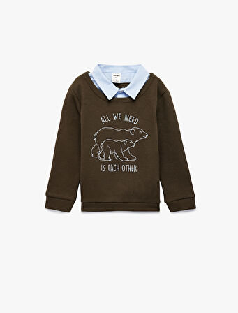 Uzun Kollu Gömlek Yaka Baskılı Sweatshirt