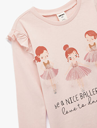 Balerin Baskılı Uzun Kollu Bisiklet Yaka Pamuklu Tişört