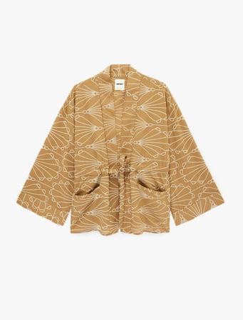 Keten Görünümlü Cepli Kruvaze Bağlama Detaylı Uzun Kollu İşlemeli Kimono