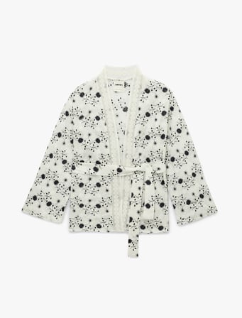 Pamuklu Uzun Kollu Kemerli Desenli Brodeli Kimono Ceket