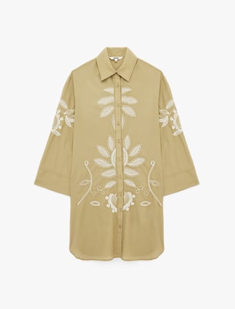 Pamuklu Uzun Kollu Floral Dokulu Nakış Detaylı Oversize Uzun Gömlek Tunik