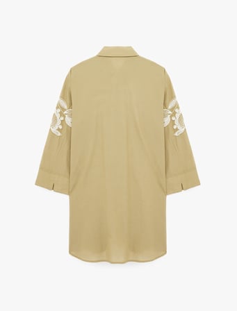Pamuklu Uzun Kollu Floral Dokulu Nakış Detaylı Oversize Uzun Gömlek Tunik
