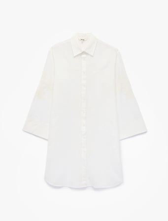 Pamuklu Floral Nakış Detaylı Brodeli 3/4 Kollu Gömlek Yaka Oversize Tunik Elbise