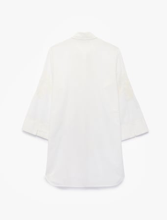 Pamuklu Floral Nakış Detaylı Brodeli 3/4 Kollu Gömlek Yaka Oversize Tunik Elbise
