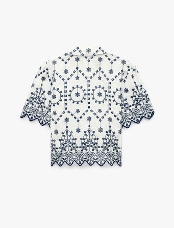 Regular Fit Pamuklu Kısa Kollu Desenli Brodeli Crop Gömlek
