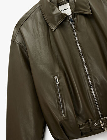 Cepli Fermuarlı Uzun Kollu Oversize Suni Deri Ceket