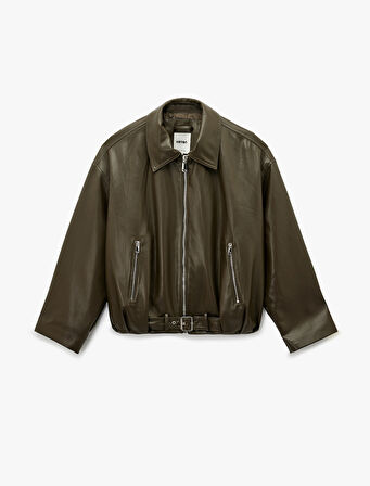 Cepli Fermuarlı Uzun Kollu Oversize Suni Deri Ceket