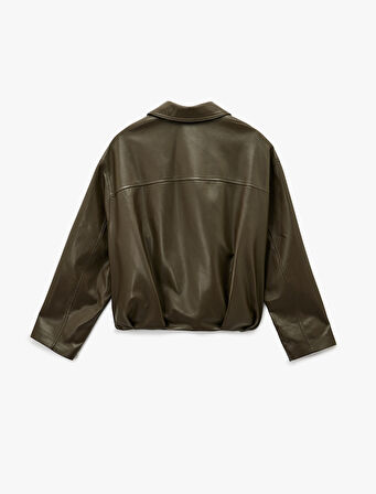 Cepli Fermuarlı Uzun Kollu Oversize Suni Deri Ceket