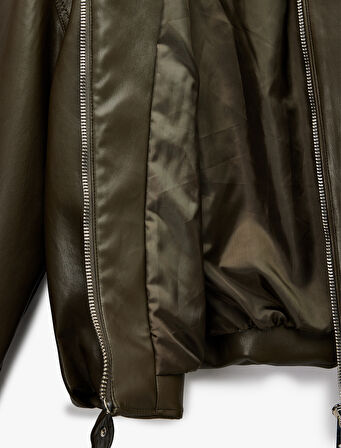 Cepli Fermuarlı Uzun Kollu Oversize Suni Deri Ceket