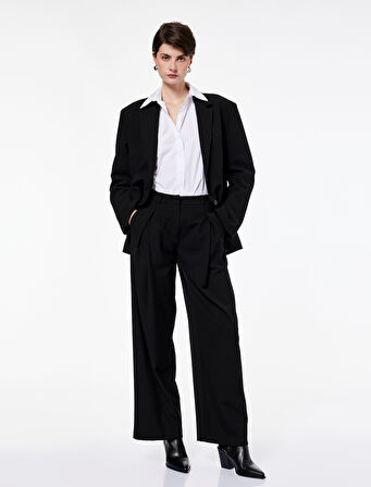 Cepli Pile Detaylı Geniş Paça Kumaş Palazzo Pantolon