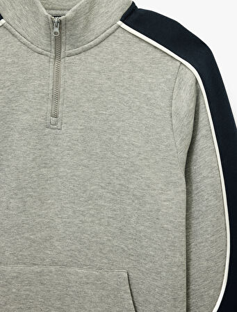 Uzun Kollu Fermuar Detaylı Kanguru Cepli Dik Yaka Sweatshirt