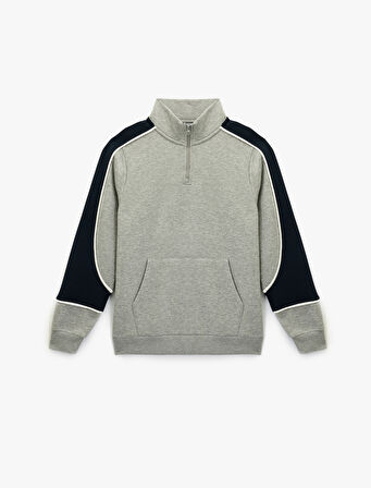 Uzun Kollu Fermuar Detaylı Kanguru Cepli Dik Yaka Sweatshirt