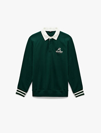 Regular Fit Renk Kontrastlı Çizgili Polo Yaka Baskılı Sweatshirt