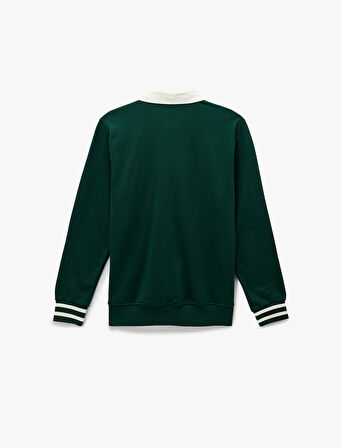 Regular Fit Renk Kontrastlı Çizgili Polo Yaka Baskılı Sweatshirt